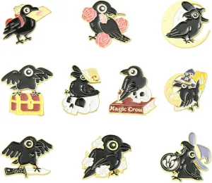 10 pcs 10 Styles Black Crow Theme Alloy Enamel Brooches Pins Bird Animal Cartoon Lapel Pins for DIY Jewelry Clothes Backpack Hats Jackets Badge Craft