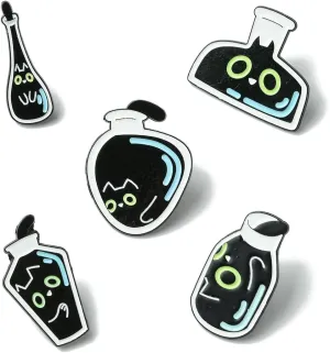10 pcs 5 Styles Alloy Funny Black Cat Shaped Enamel Pins Bottle Kitten Pet Brooch Badge for DIY Jewelry Crafts Hats Shirts Bags Dress Backpack Clothes