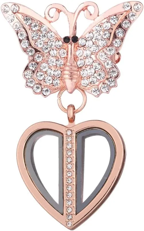 10Pcs Rhinestone Heart Shaped Charms Locket with Butterfly Brooch Pin Coat Brooch Essential Oil Women Jewelry - (Metal Color: L17 P7-Rose Gold)