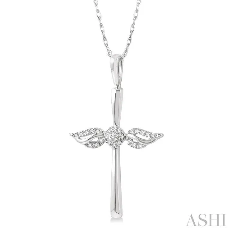 1/10 ctw Angel Wing Round Cut Diamond Cross Petite Pendant With Chain in 10K White Gold