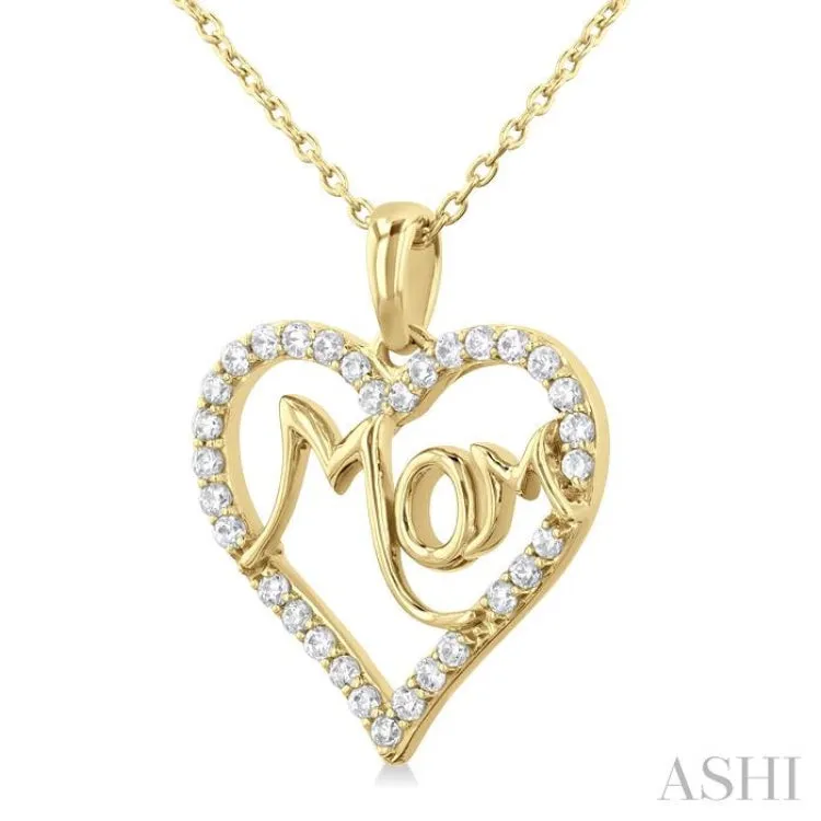 1/4 ctw 'MOM' Heart Frame Round Cut Diamond Fashion Pendant With Chain in 10K Yellow Gold