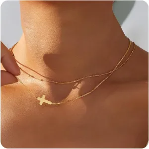 14K Gold Cross Necklace for Women, Dainty Layered Gold Necklaces, Small Cross Pendant, Non Tarnish Stacked Necklaces for Women, Trendy Religious Jewelry Gift