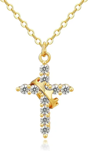 14K Gold Plated Crown Cross Necklace for Women Zircon Pendant Necklace Simple Diamond Gold Necklaces Cute Tiny Gold Jewelry Diamond Cross Necklaces for Women