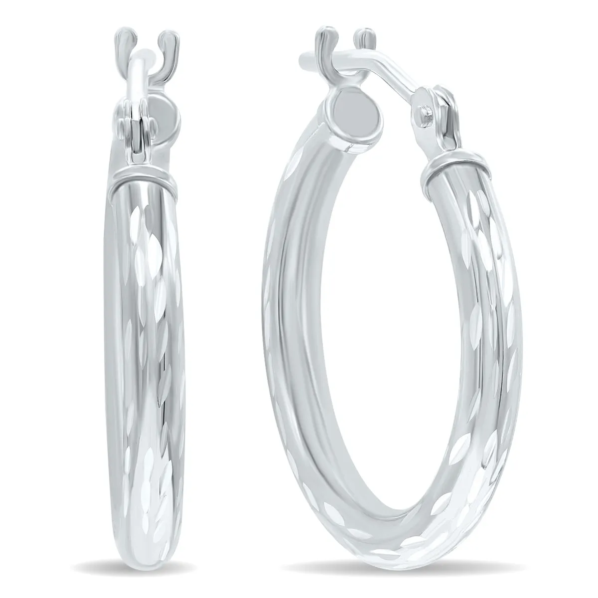 14K White Gold Shiny Diamond Cut Engraved Hoop Earrings 16Mm