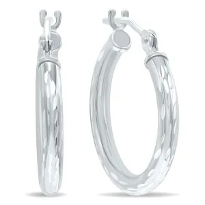 14K White Gold Shiny Diamond Cut Engraved Hoop Earrings 16Mm