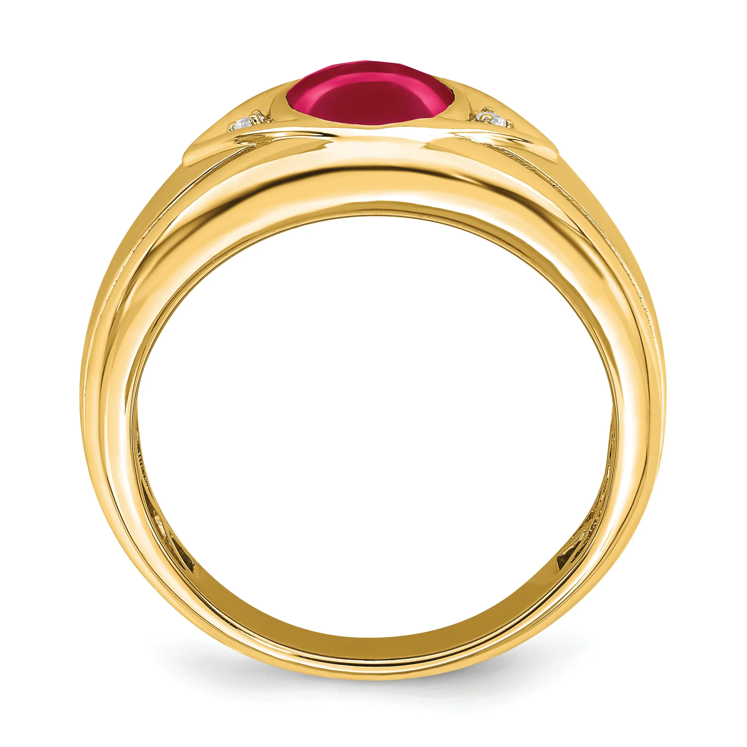 14k Yellow Gold Created Ruby and Diamond Men's Ring.