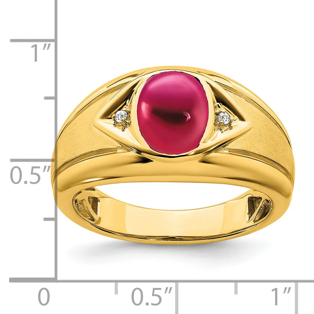 14k Yellow Gold Created Ruby and Diamond Men's Ring.