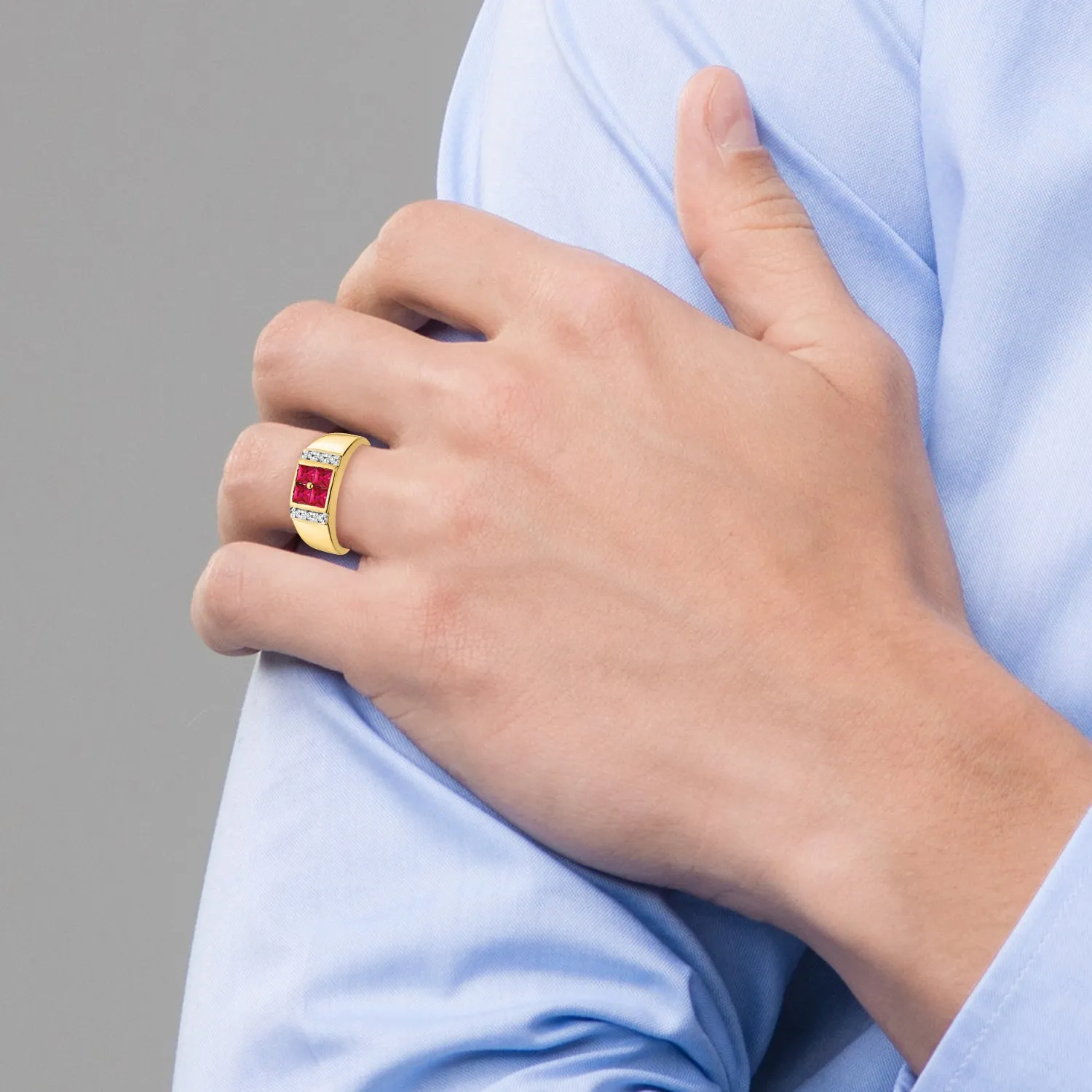 14k Yellow Gold Created Ruby and Diamond Men's Ring.