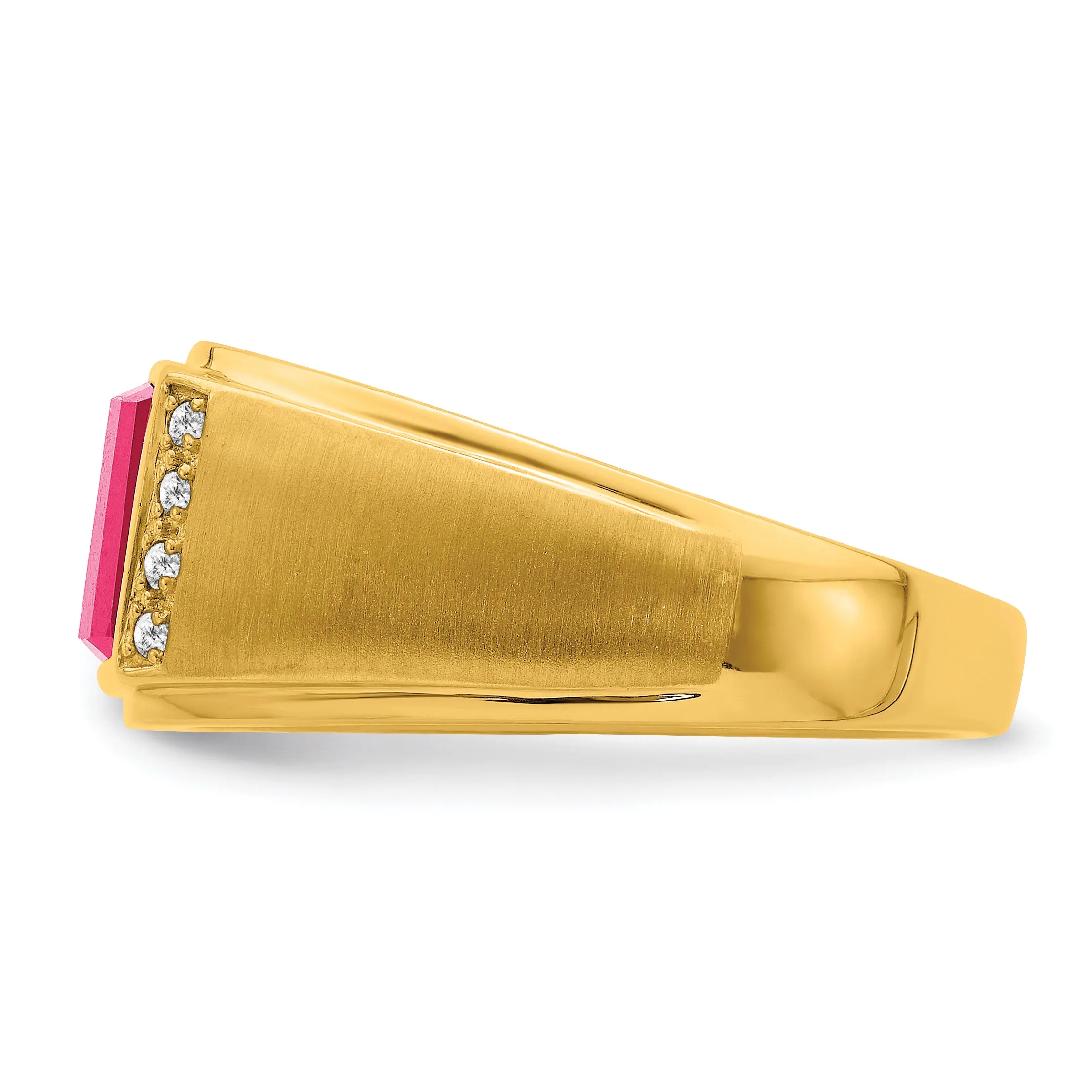 14k Yellow Gold Created Ruby and Diamond Men's Ring.