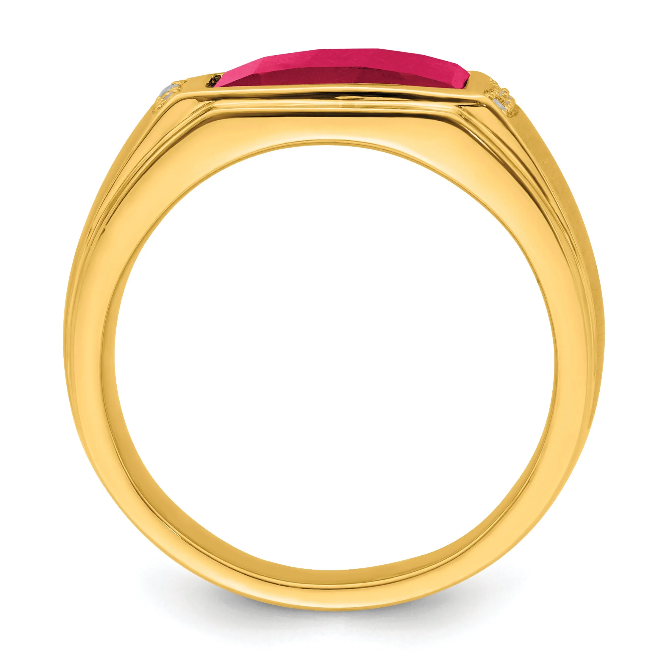 14k Yellow Gold Created Ruby and Diamond Men's Ring.