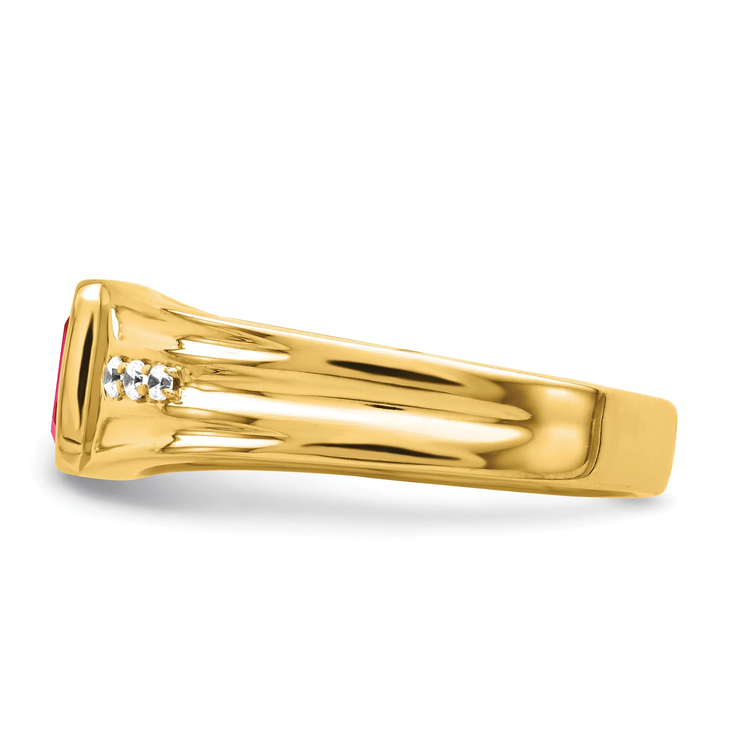 14k Yellow Gold Created Ruby and Diamond Men's Ring.