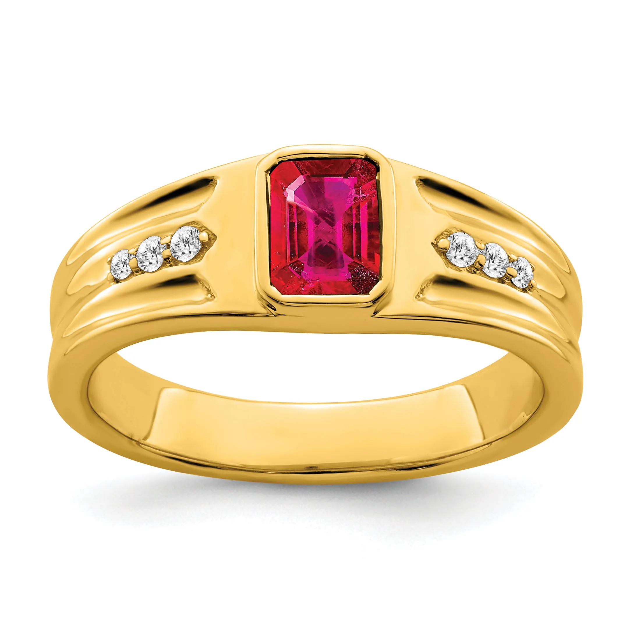 14k Yellow Gold Created Ruby and Diamond Men's Ring.