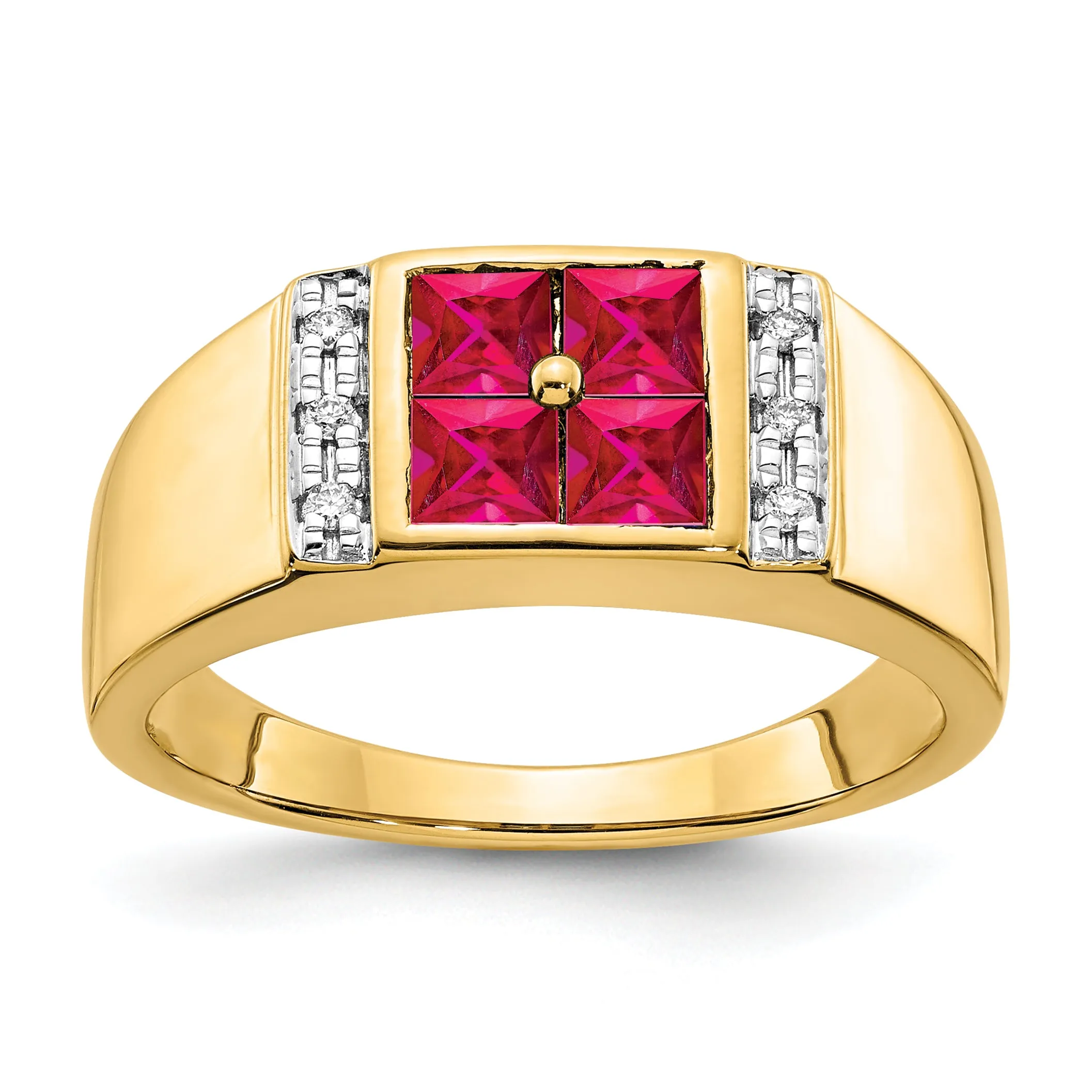 14k Yellow Gold Created Ruby and Diamond Men's Ring.
