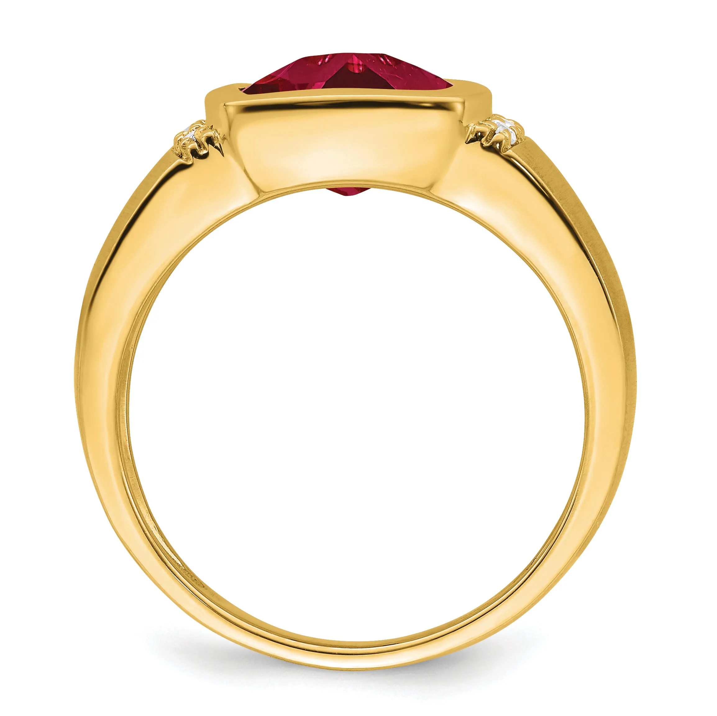 14k Yellow Gold Created Ruby and Diamond Men's Ring.