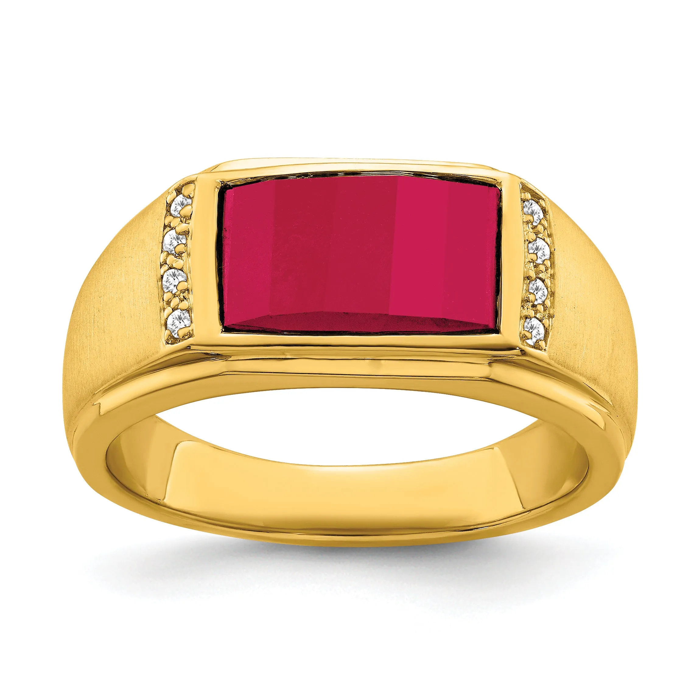 14k Yellow Gold Created Ruby and Diamond Men's Ring.