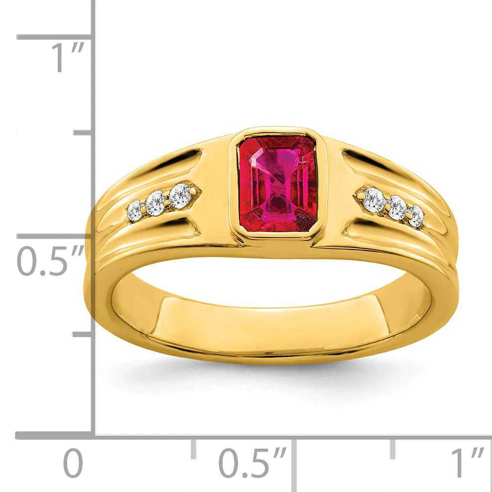 14k Yellow Gold Created Ruby and Diamond Men's Ring.