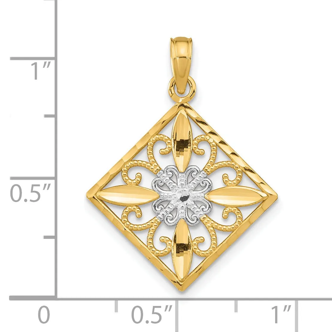 14K Yellow Gold, White Rhodium Polished Finish  Filigree Flower in Cross Square Design Pendant