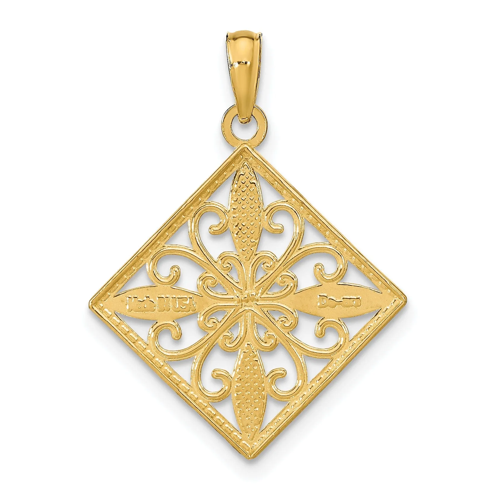 14K Yellow Gold, White Rhodium Polished Finish  Filigree Flower in Cross Square Design Pendant