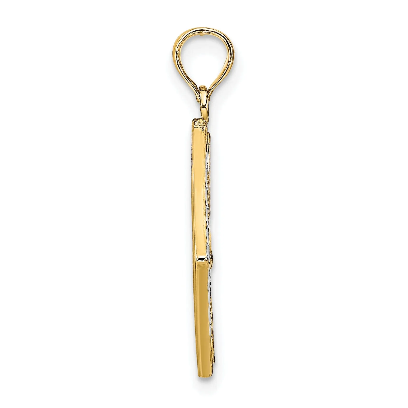 14K Yellow Gold, White Rhodium Polished Finish  Filigree Flower in Cross Square Design Pendant