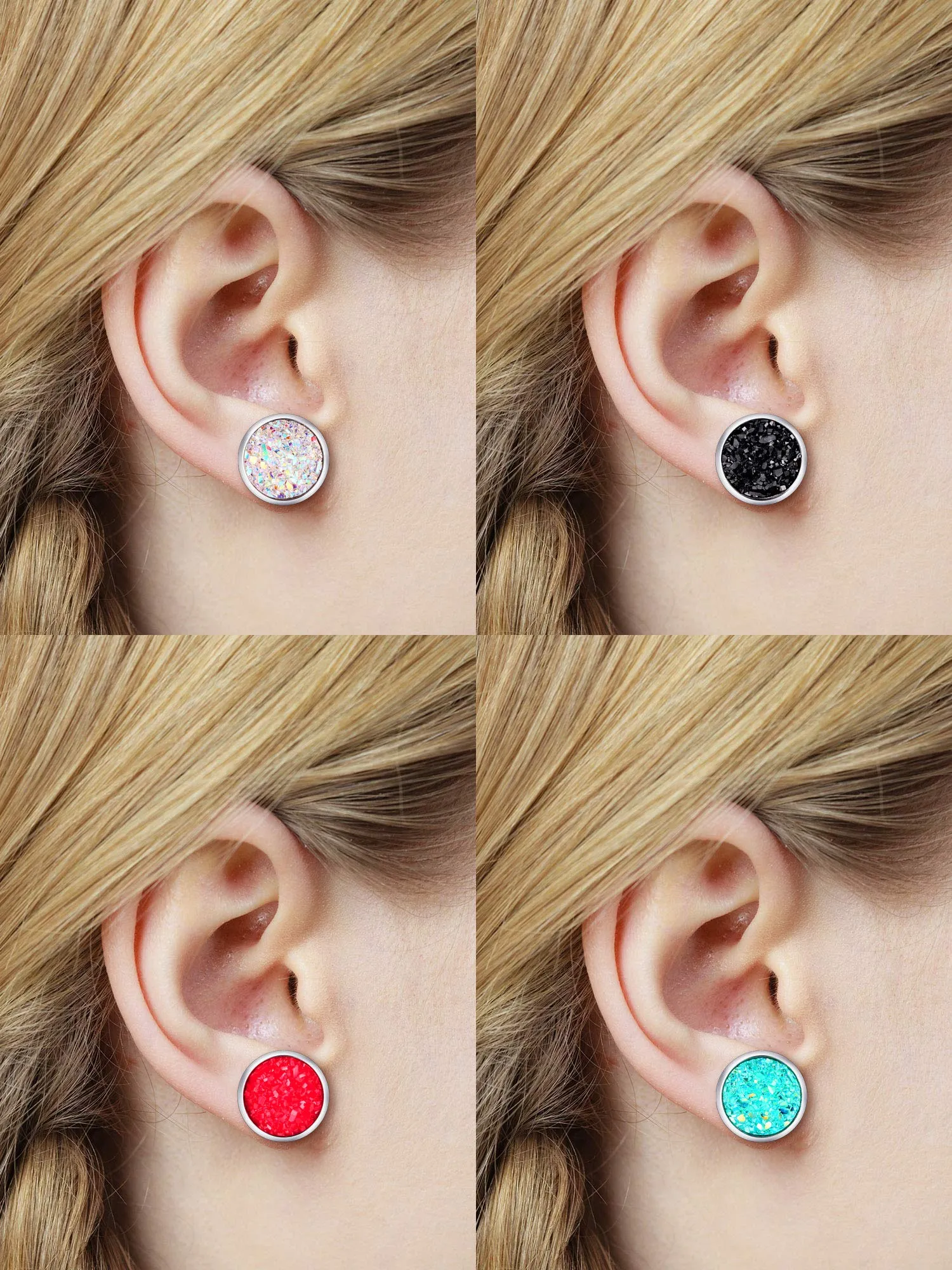15 Pairs Faux Druzy Stud Earrings Set Stainless Steel Round Earrings Bohemian Pierced Earrings Jewelry for Women 10.0 Millimeters