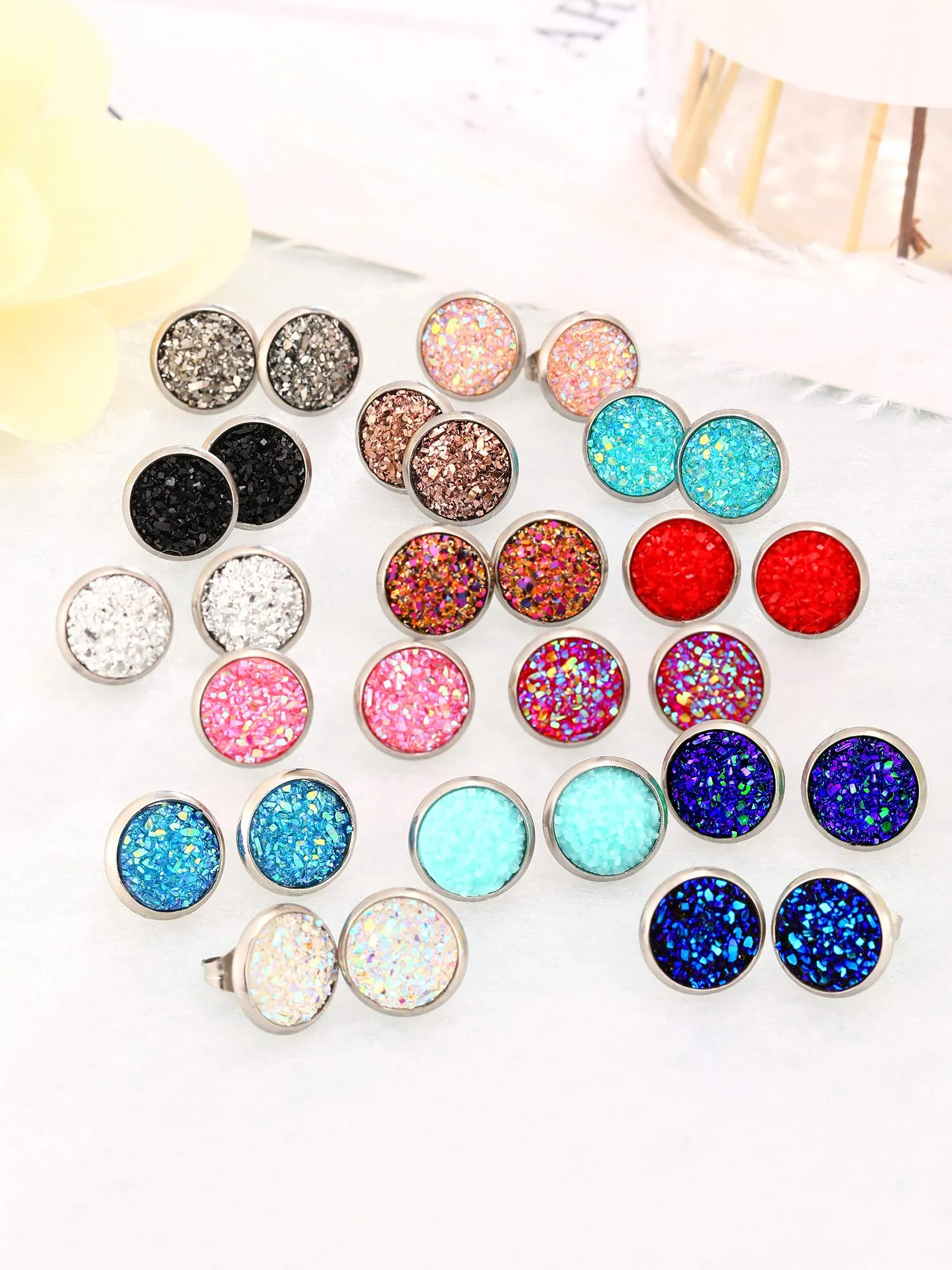 15 Pairs Faux Druzy Stud Earrings Set Stainless Steel Round Earrings Bohemian Pierced Earrings Jewelry for Women 10.0 Millimeters