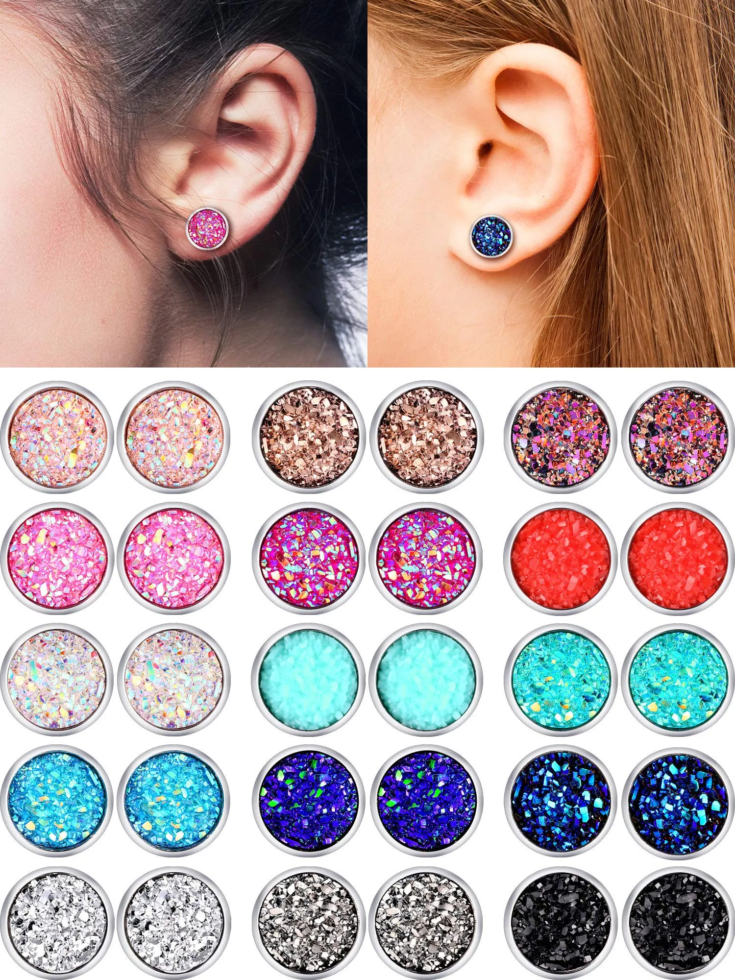 15 Pairs Faux Druzy Stud Earrings Set Stainless Steel Round Earrings Bohemian Pierced Earrings Jewelry for Women 10.0 Millimeters