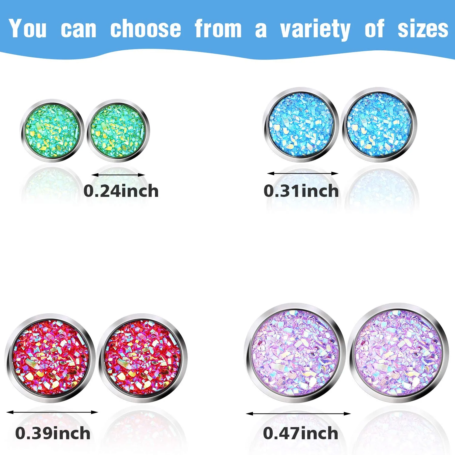 15 Pairs Faux Druzy Stud Earrings Set Stainless Steel Round Earrings Bohemian Pierced Earrings Jewelry for Women 10.0 Millimeters