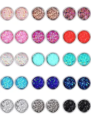 15 Pairs Faux Druzy Stud Earrings Set Stainless Steel Round Earrings Bohemian Pierced Earrings Jewelry for Women 10.0 Millimeters
