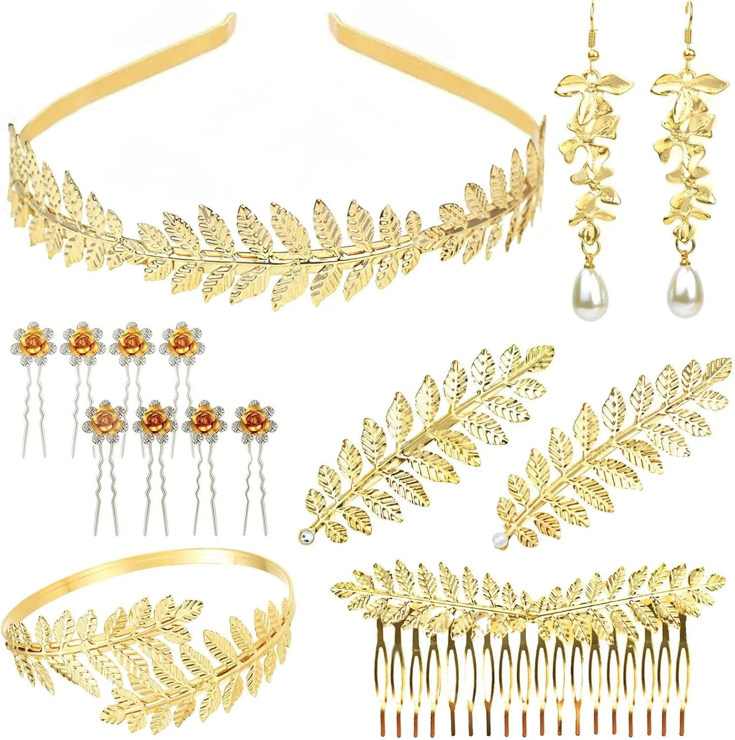 15pcs Greek Goddess Accessories Set Women Gold Leaf Headband Hair Clips Bracelets Earrings Floral Hairpins Elegant Costume Jewelry for Parties Weddings Prom Gifts