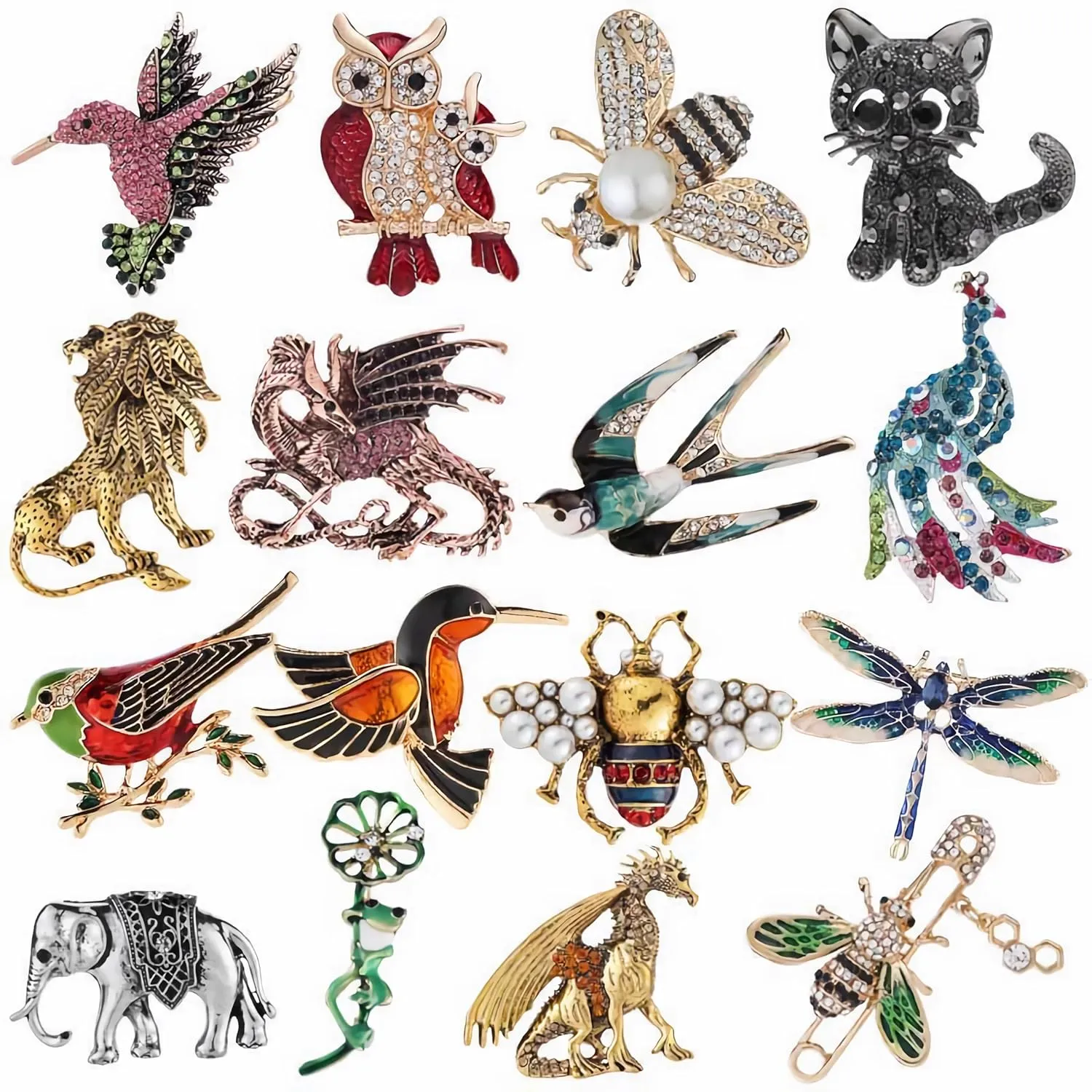 16pcs Women and men Brooches Set insert with Rhinestone Crystal,Stylish and exquisite Brooch Pins,Animal Lapel Pin Jewelry Accessory for Shirts, sweaters, bagsAnimal brooches, dragon pins, bird brooches, insect pins