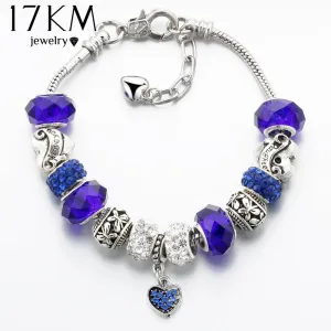 17KM Vintage Silver Color Charm Glass Bracelets For Women 2017 New Crystal Heart Beads Bracelets & Bangles Pulseras DIY Jewelry