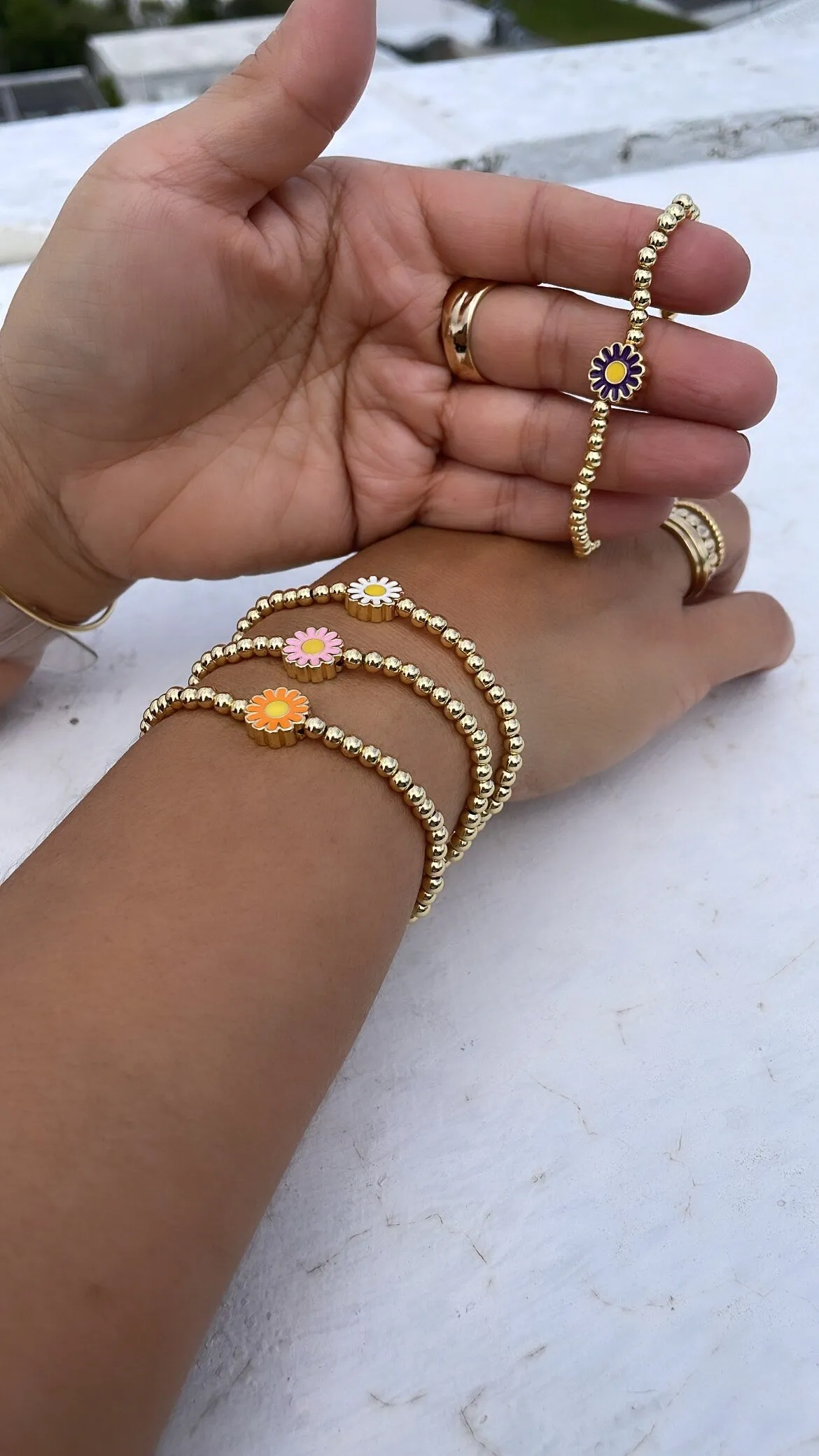 18k Gold Filled Elastic Colorful Flower Beaded Bracelet, Available in 4 Colors
