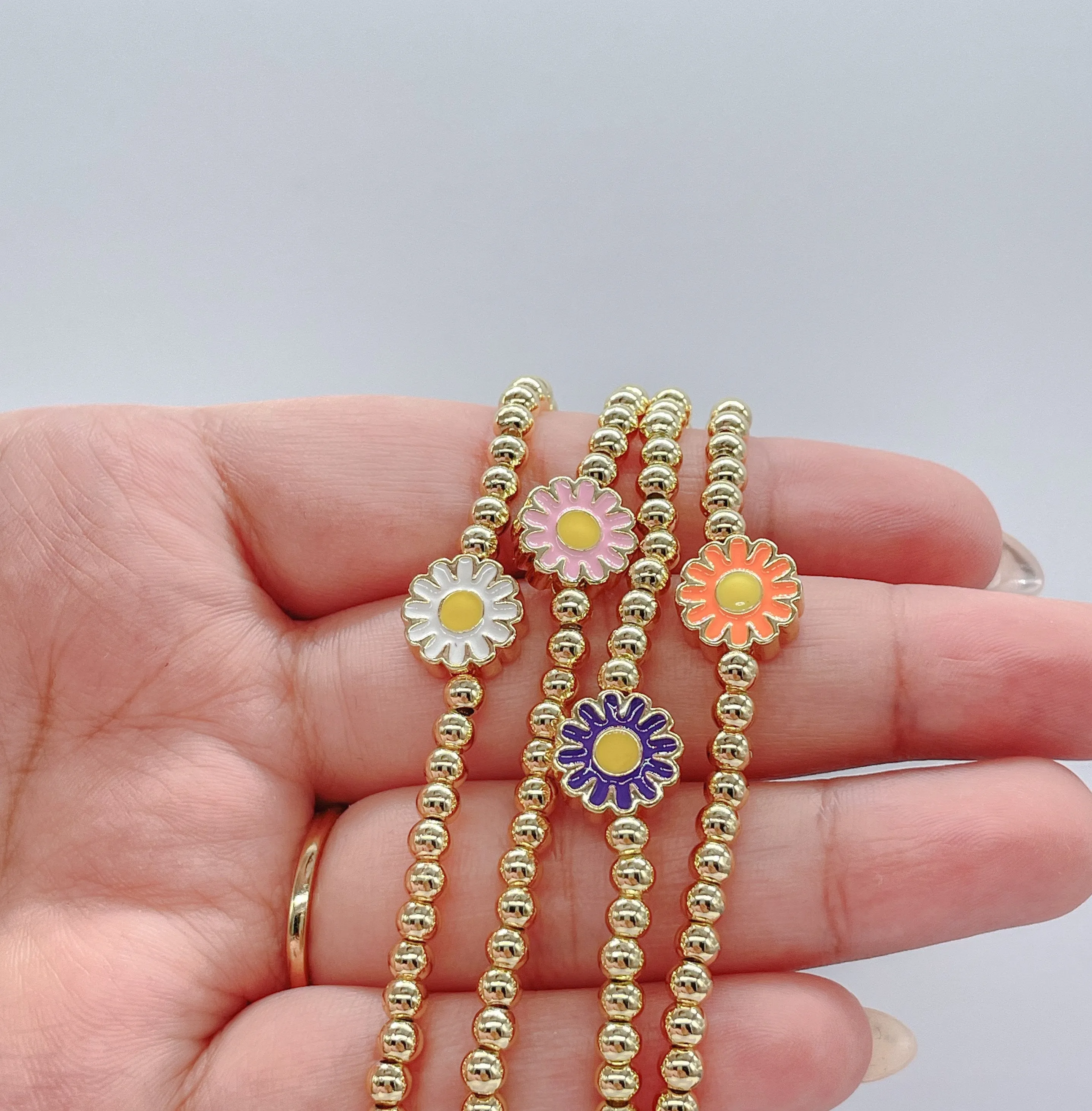 18k Gold Filled Elastic Colorful Flower Beaded Bracelet, Available in 4 Colors