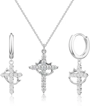 18K Gold Plated Cross Necklace and Earrings Set for Women, Christian Jewelry with Crown & Thorns, Diamond Cross Earrings, Jesus Necklaces, Faith Jewelry Gift for Wome