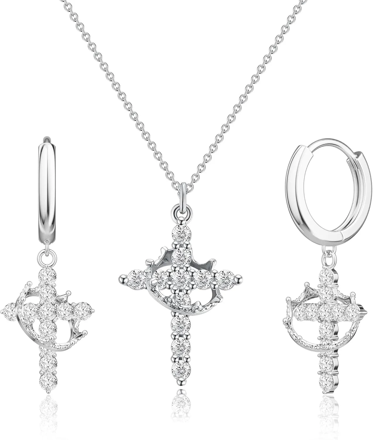 18K Gold Plated Cross Necklace and Earrings Set for Women, Christian Jewelry with Crown & Thorns, Diamond Cross Earrings, Jesus Necklaces, Faith Jewelry Gift for Wome