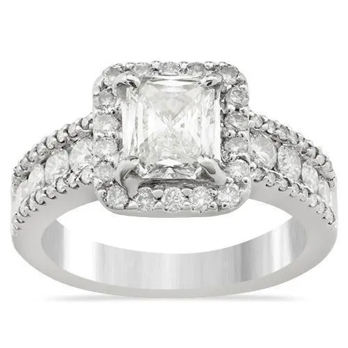 18k White Gold Radiant Cut Diamond Engagement Ring with Side Stones 1.5 Ctw