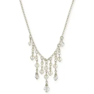 1928 Jewelry Faux Pearl And Crystal Bib Necklace 15"   3" Extender
