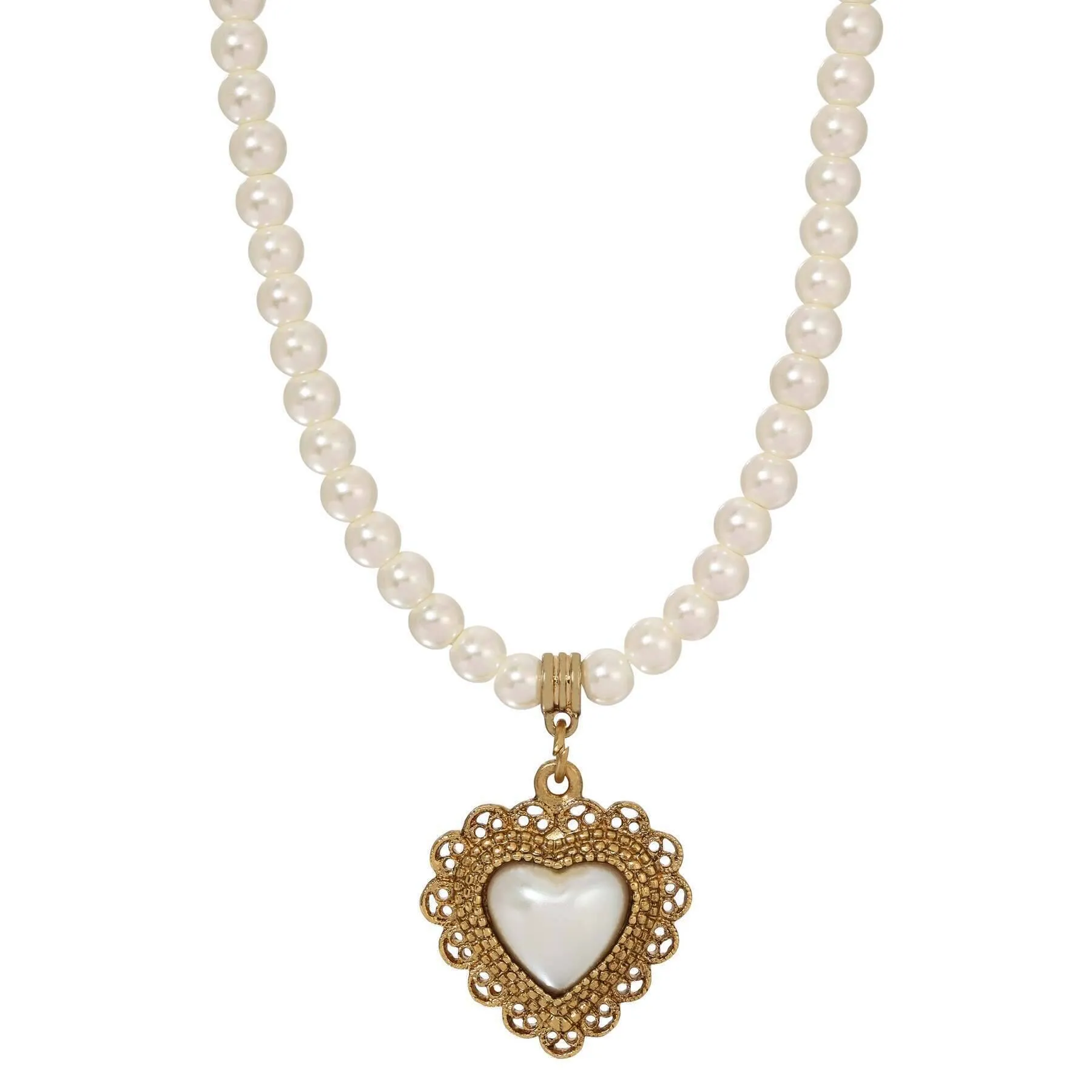 1928 Jewelry Glass Faux Pearl Strand & Faux Pearl Heart Filigree Pendant Necklace 15"   3" Extension
