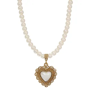 1928 Jewelry Glass Faux Pearl Strand & Faux Pearl Heart Filigree Pendant Necklace 15"   3" Extension