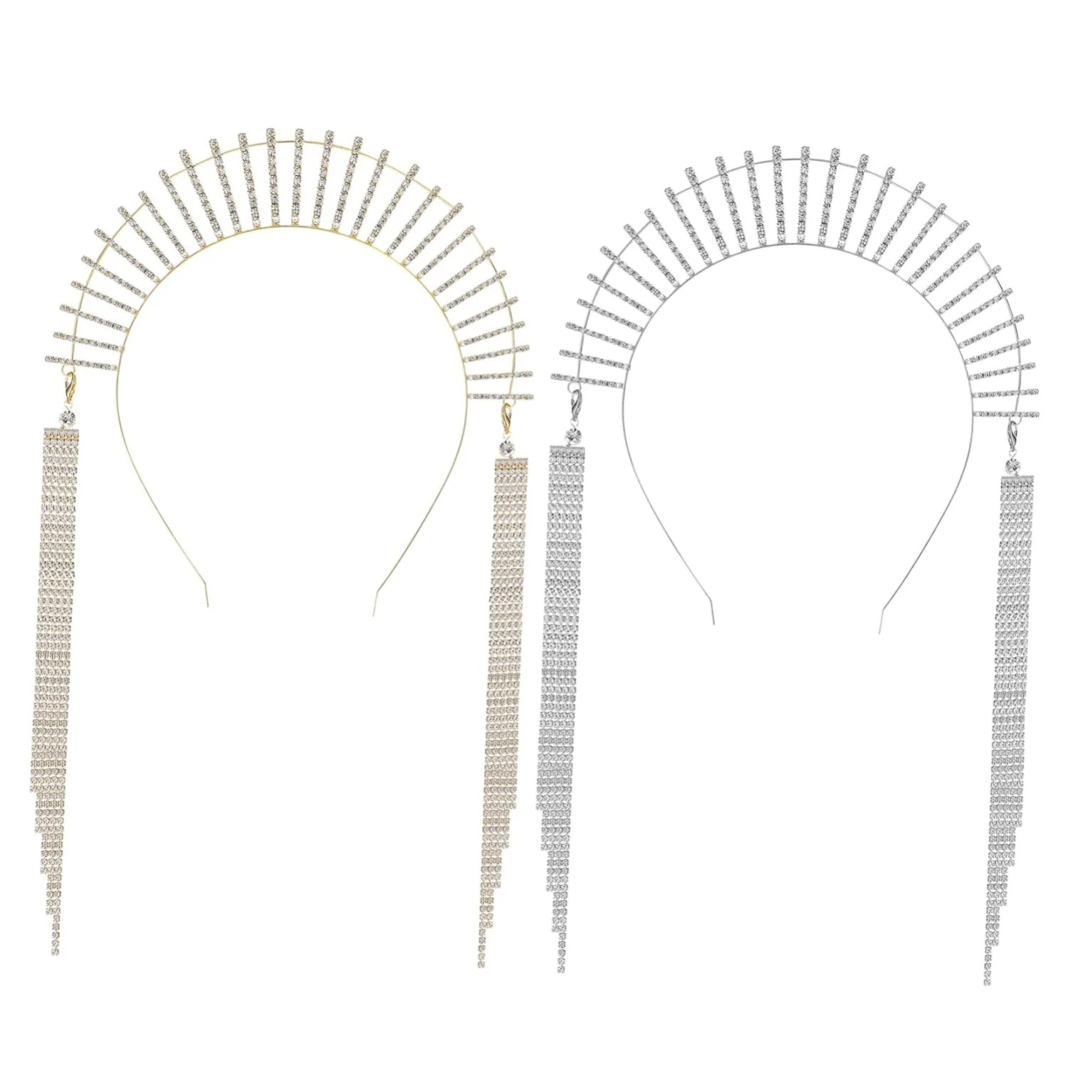 2 Pcs Rhinestone Crown Headpieces with Tassels Elegant Tiara Headbands for Women Wedding Accessories Goddess Hairpieces for Special Occasions