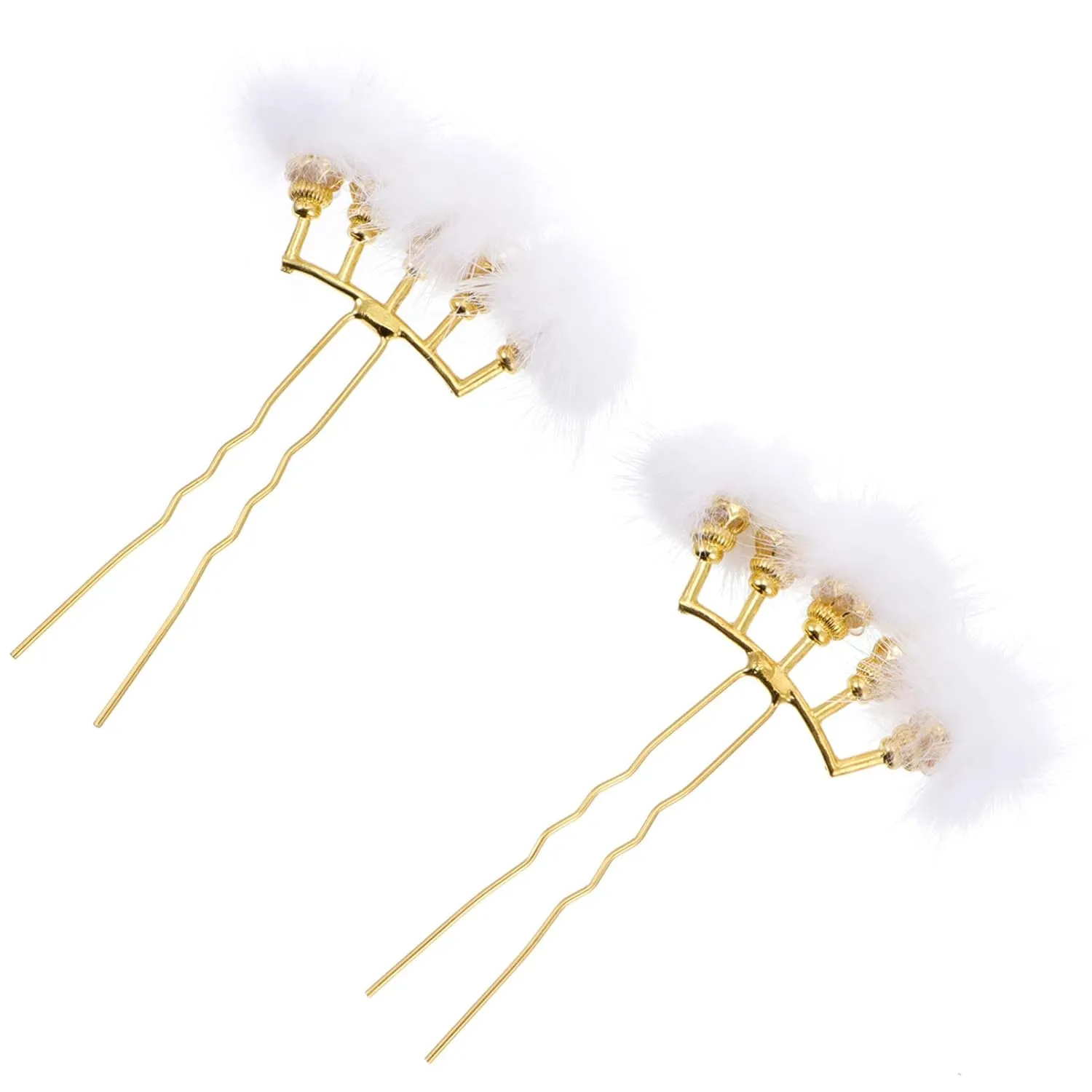 2pcs 5 Rows of Fur Ball Hairpins White Tassel Bridesmaid Rhinestones Plush