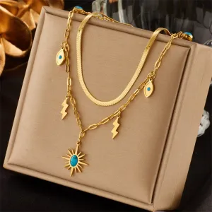 316L Stainless Steel 2-Layer Green Stone Sun Pendant Necklace For Women