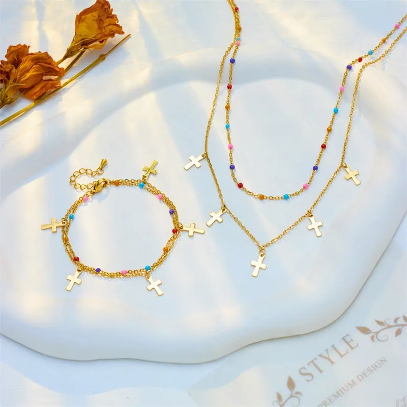 316L Stainless Steel Colorful Beads Cross Charm Bracelet For Women