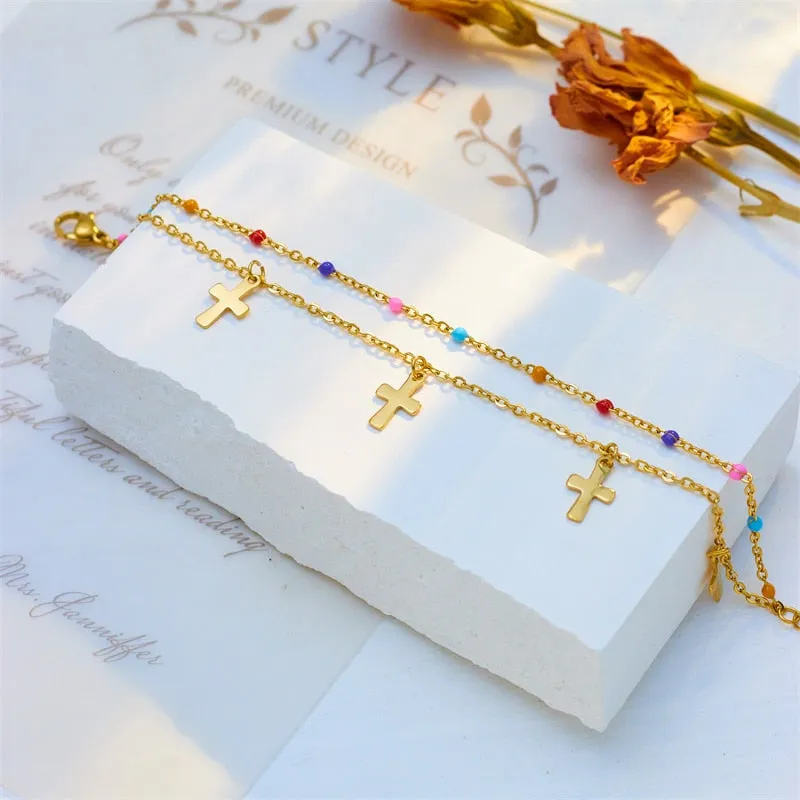 316L Stainless Steel Colorful Beads Cross Charm Bracelet For Women