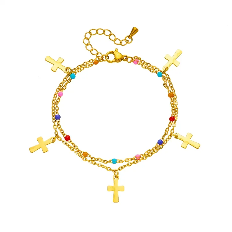 316L Stainless Steel Colorful Beads Cross Charm Bracelet For Women
