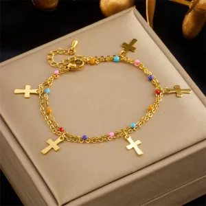 316L Stainless Steel Colorful Beads Cross Charm Bracelet For Women