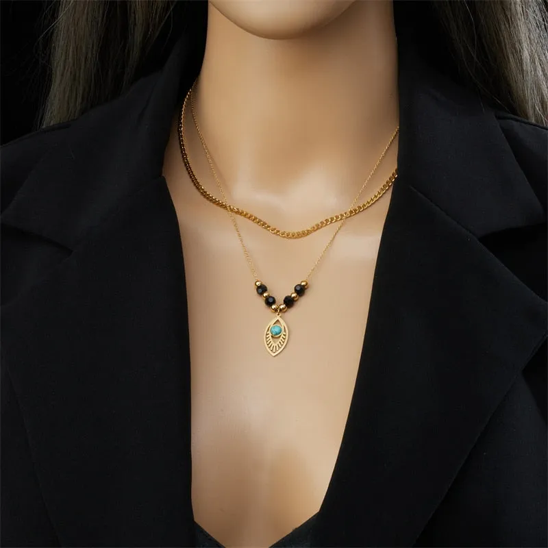 316L Stainless Steel Double-Layer Eye Beads Pendant Necklace For Women
