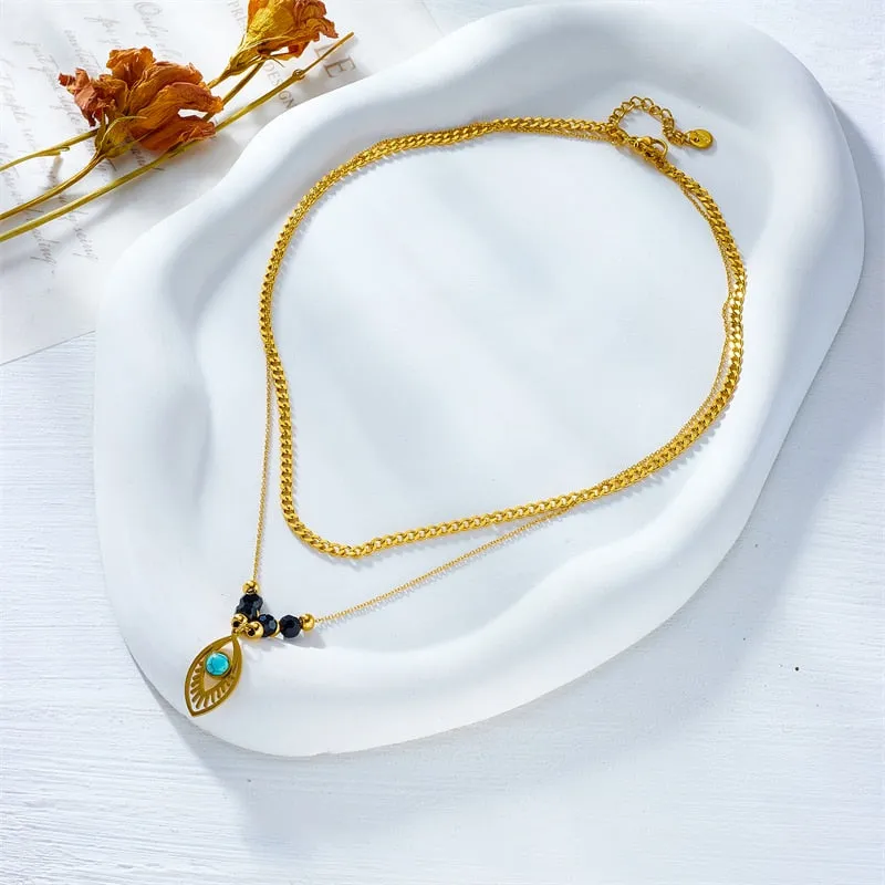 316L Stainless Steel Double-Layer Eye Beads Pendant Necklace For Women