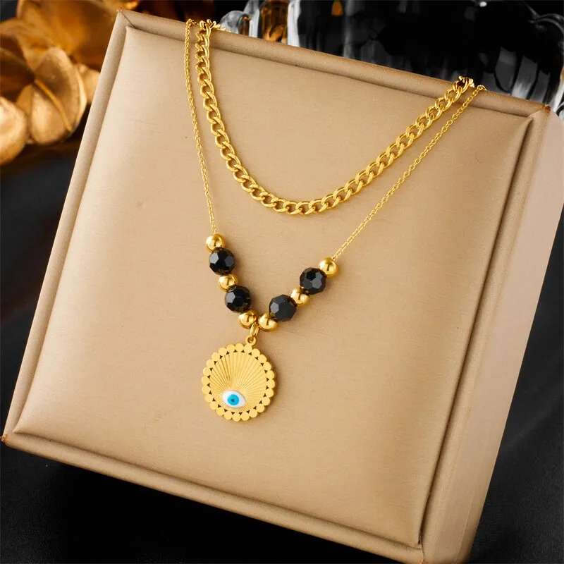 316L Stainless Steel Double-Layer Eye Beads Pendant Necklace For Women