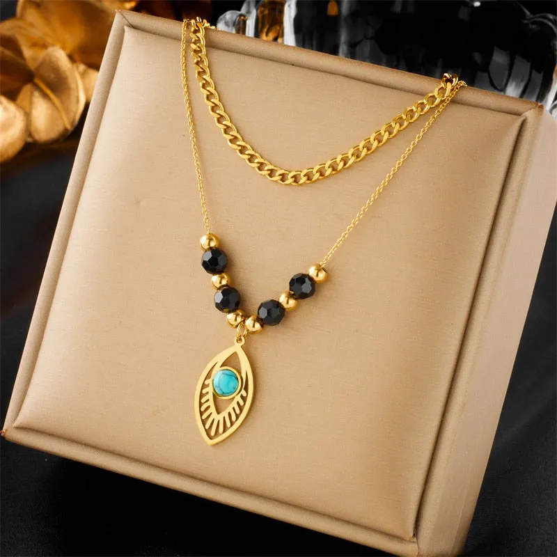316L Stainless Steel Double-Layer Eye Beads Pendant Necklace For Women